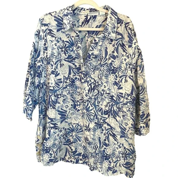 CYNTHIA ROWLEY Linen Size 2X Tunic Popover Top Blue White Flower Print Floral - Picture 1 of 8